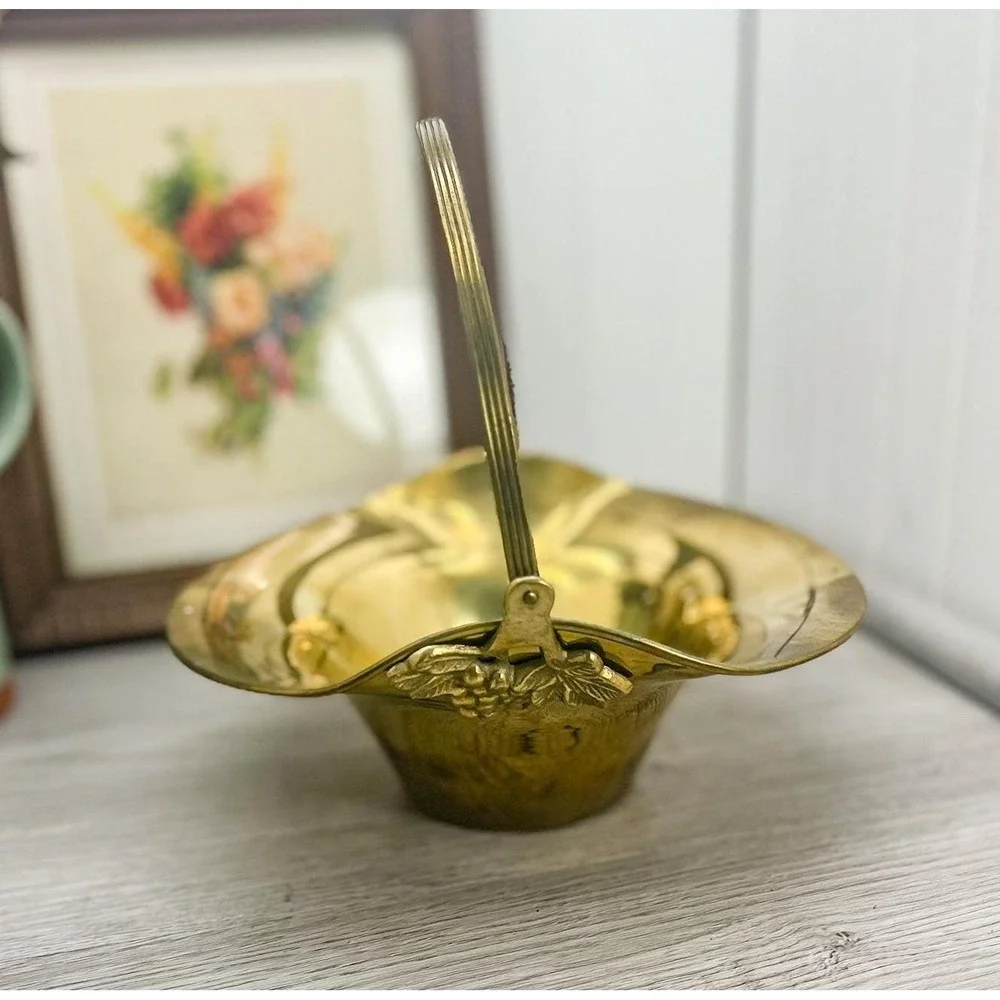 Vintage Solid Brass Basket Bowl with Scalloped Handle